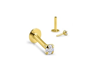 14K massief geel goud Labret stijl neusring Monroe Stud Threadless Push Pin Post 1,5 mm, 2 mm, 2,5 mm, 3 mm helder CZ 16G, 18G, 20G