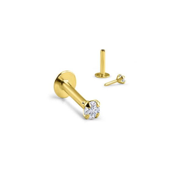14K Solid Yellow Gold Labret Style Nose Ring Monroe Stud Threadless Push Pin Post 1.5mm, 2mm, 2.5mm, 3mm Clear CZ 16G, 18G, 20G