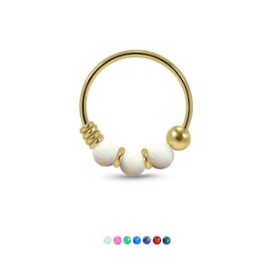 10KT Gold Nose Ring Hoop Fixed Faux Opal Beads 5/16&quot; 22G