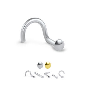 May include: A silver nose ring with a small ball at the end. The ring is curved and has a small loop at the top. The ball is available in silver or gold.