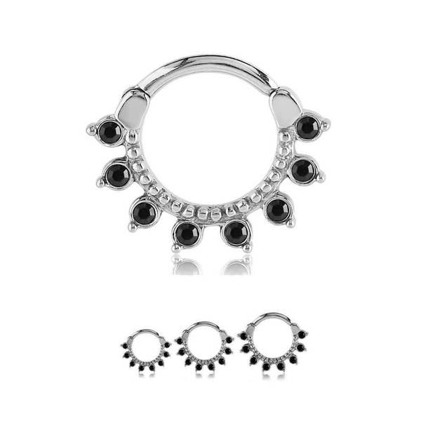 316L Surgical Steel Septum Clicker Ear Cartilage Helix Daith Hoop Nose Ring Hinged 1/4", 5/16", 3/8" Black CZ 14G, 16G