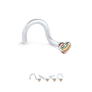 May include: Silver nose ring with a small heart-shaped charm. The charm is decorated with colorful stripes in shades of orange, yellow, green, and blue.