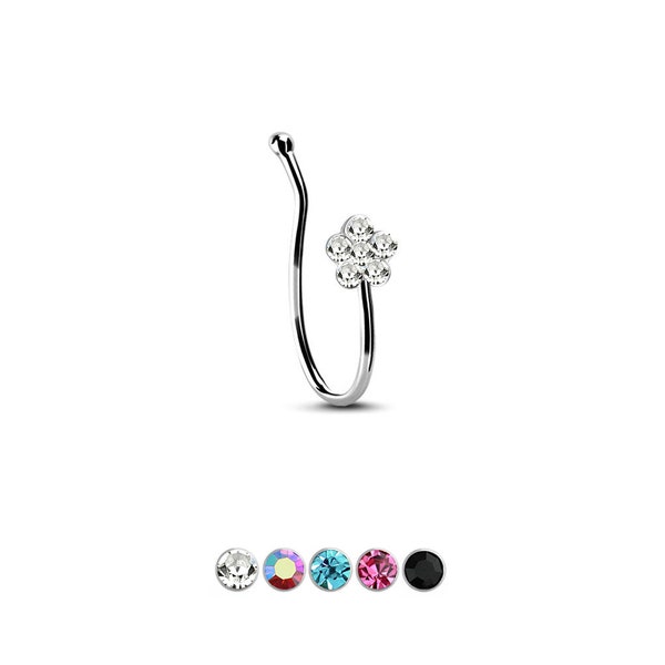 925 Sterling Silver Fake Septum Faux Nose Ring Non Pierced Clip On Hoop Flower CZ