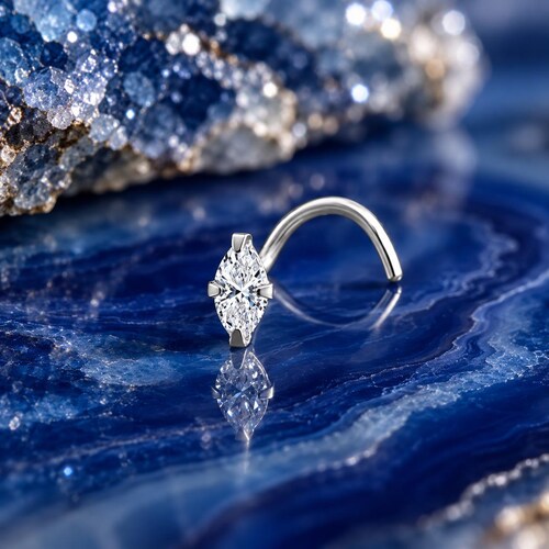 14K White Gold or Yellow Gold Nose Ring, Stud, Screw, L Shape or Nose Bone. Marquise CZ. Choose Your Gauge 22G 20G 18G. Backing Included.