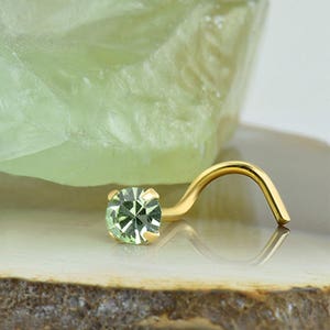 14K, 18K, 24K Rose Gold, Yellow Gold or White Gold Nose Ring Screw Stud Bone or L Bend. 1.5mm, 3mm, 3.5mm Chrysolite Green. 22G, 20G, 18G