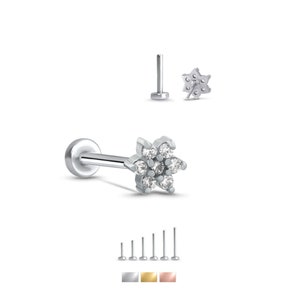 316L Surgical Steel, Yellow or Rose Gold Labret Style Nose Ring Stud Threadless Push Pin Post Large Flower 20G, 18G, 16G