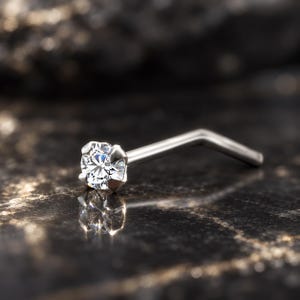 Anillo de nariz de oro blanco macizo de 14K, 18K y 24K, forma de L curvada, 1,5 mm, 2 mm, 2,5 mm, 3 mm. Pendiente de nariz con diamante auténtico. Elige tu calibre: 22G, 20G, 18G.