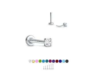 316 Stainless Steel Labret Style Nose Ring Monroe Stud Threadless Push Pin 1.5mm CZ.  5mm 6mm 7mm 8mm 9mm 10mm Post Lengths 20G 18G