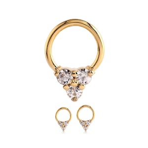 316L Surgical Steel Captive Hoop Septum Ear Cartilage Helix Daith Nose Ring Captive Trinity CZ 5/16&quot;, 3/8&quot; Gold Plated 14G