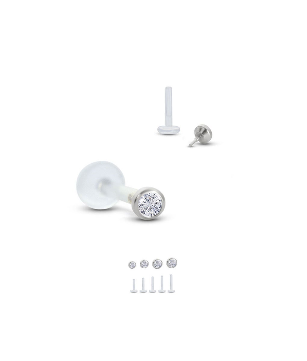 100 Pc Press Fit 2mm Clear CZ Top Bioflex Push In Stud Lip Labret Monroe 16g - Foto 7