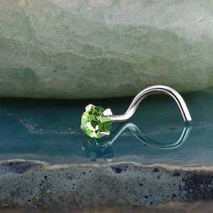 14K, 18K, 24K Rose Gold, Yellow Gold, White Gold Nose Ring Screw Stud Bone, L Bend. 1.5mm, 2mm, 2.5mm, 3mm, 3.5mm Light Green. 22G, 20G, 18G