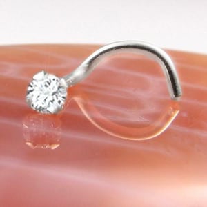 14K, 18K, 24K, Solid Rose Gold, Yellow Gold, White Gold or Platinum Nose Ring Screw Stud Bone or L Bend, Clear CZ Cubic Zirconia Choose Size