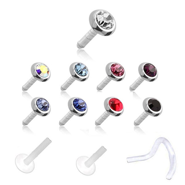 Bioflex Labret Style Push Pin Nez Goujon ou Vis de Nez Choisissez Votre Couleur 3mm Lunette Strass 18G Support GRATUIT