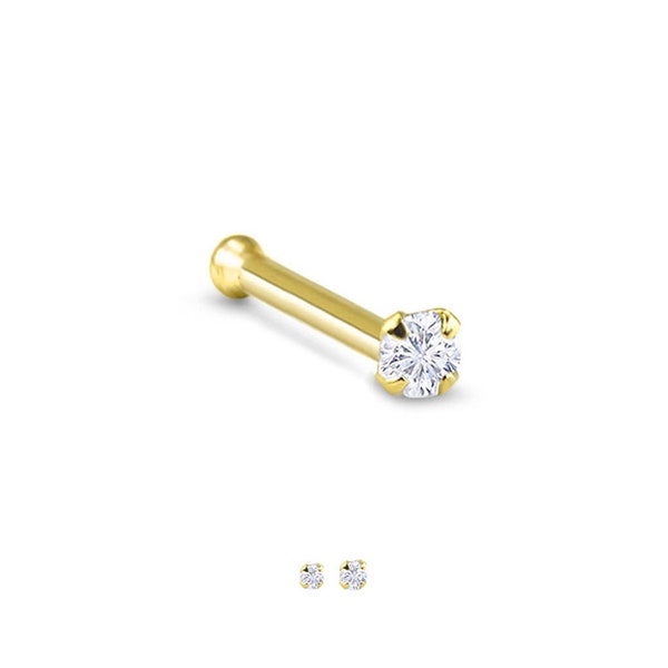 10K Yellow Gold Nose Bone Stud Clear CZ 22G. Nose Ring Backing Included.