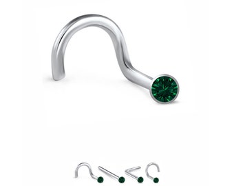 316L Surgical Steel Nose Ring, Stud, Screw, L Bend 2mm Bezel Set Emerald CZ. Choose Your Style. 18G, 20G