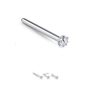 925 Sterling Silver Nose Stud Straight, LBend, Nose Bone Ring 8 Prong CZ 22G. FREE Backing.
