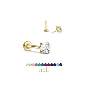316 Stainless Steel Yellow Gold Plated Labret Nose Ring Monroe Stud Threadless Push Pin 3mm CZ. 5mm 6mm 7mm 8mm 9mm 10mm Posts 20G 18G 16G