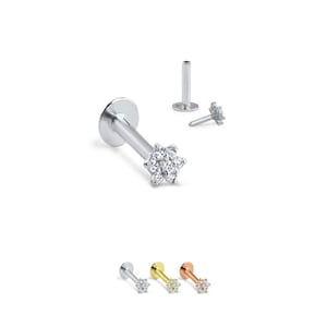 14K Solid White, Yellow or Rose Gold Labret Style Nose Ring Monroe Stud Threadless Push Pin Post Flower CZ 16G, 18G, 20G