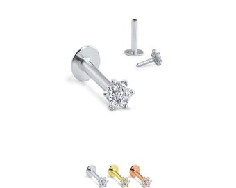 14K Solid White, Yellow or Rose Gold Labret Style Nose Ring Monroe Stud Threadless Push Pin Post Flower CZ 16G, 18G, 20G