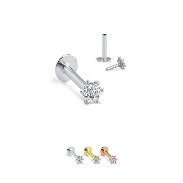 14K Solid White, Yellow or Rose Gold Labret Style Nose Ring Monroe Stud Threadless Push Pin Post Flower CZ 16G, 18G, 20G