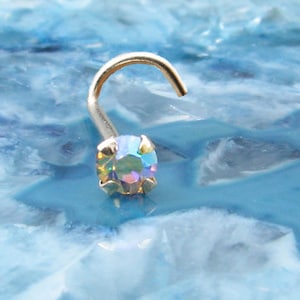 14K, 18K, 24K, Solid Rose Gold, Yellow Gold, White Gold, Platinum Nose Ring Screw Stud Bone or L Bend, Crystal Aurora AB 1.5, 2, 3 or 3.5 mm