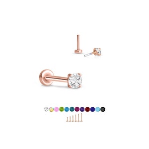 316 Stainless Steel, Rose Gold Plated Labret Nose Ring Monroe Stud Threadless Push Pin 2mm CZ.  5mm 6mm 7mm 8mm 9mm 10mm Posts 20G 18G 16G