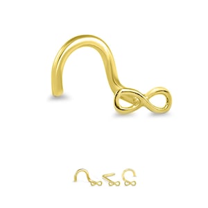 May include: Gold infinity nose ring with a curved L-shaped post. The ring is a simple infinity symbol.