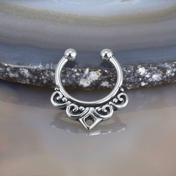 316L Surgical Steel Fake Septum Faux Nose Ring Non Pierced Clip On Hoop Filligree 3/8"