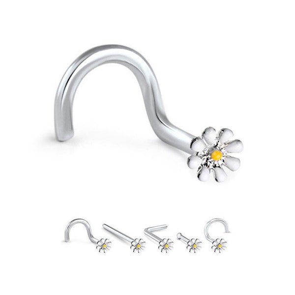 316L Surgical Steel Nose Stud Ring White Yellow Daisy Flower.  Choose Your Style 20G Backing Included