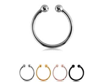 316L Surgical Steel Fake Septum Faux Nose Ring Non Pierced Clip On Hoop, Black, Gold, Rose Gold Plated or Steel 3/8"