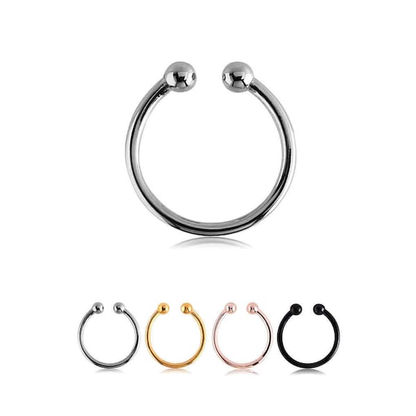 316L Surgical Steel Fake Septum Faux Nose Ring Non Pierced Clip On Hoop, Black, Gold, Rose Gold Plated or Steel 3/8"