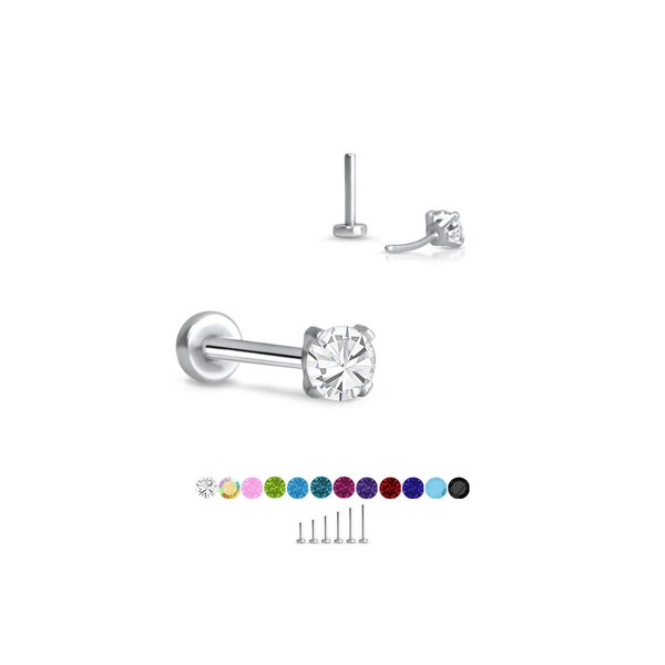 316 Stainless Steel Labret Style Nose Ring Monroe Stud Threadless Push Pin 2.5mm CZ.  5mm 6mm 7mm 8mm 9mm 10mm Post Lengths 20G 18G 16G