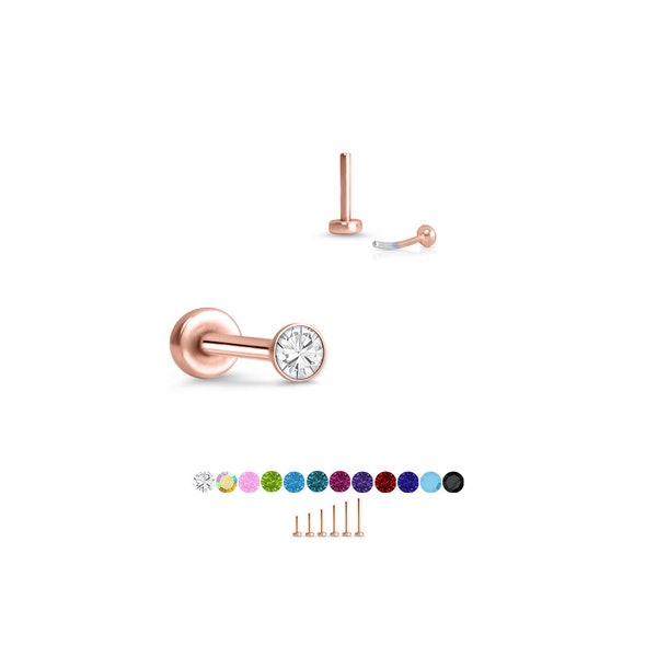 316 Stainless Steel, Rose Gold Plated Labret Nose Ring Monroe Stud Threadless Push Pin 1mm CZ. 5mm 6mm 7mm 8mm 9mm 10mm Posts. 20G 18G