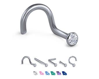 Titanium Nose Ring, Stud, Screw or L Bend, 2mm Round Bezel. Choose Your Color Style and Gauge 18G, 20G, 22G. Backing Included.