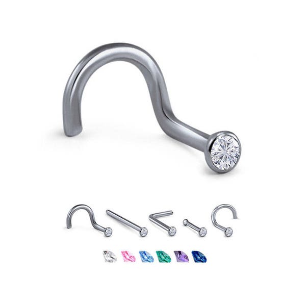 Titanium Nose Ring, Stud, Screw or L Bend, 2mm Round Bezel. Choose Your Color Style and Gauge 18G, 20G, 22G. Backing Included.