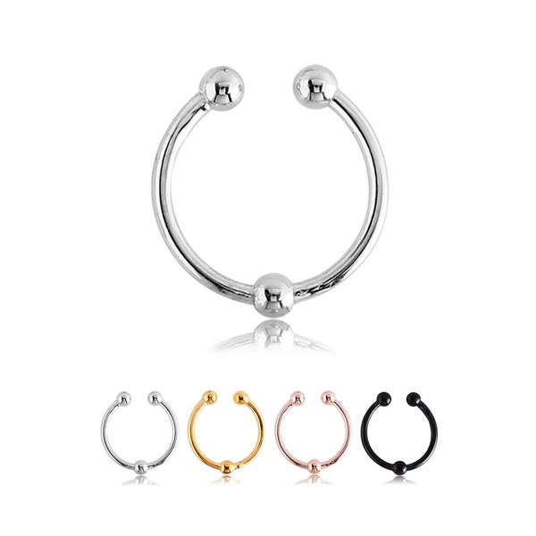 316L Surgical Steel Fake Septum Faux Nose Ring Non Pierced Clip On Hoop Ball, Black, Gold, Rose Gold Plated or Steel Choose Color 3/8"