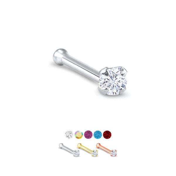 14K Solid White, Yellow or Rose Gold Nose Bone Stud 3mm Round CZ. Short, Standard or Long Post Length. Choose Your Color 18G, 20G, 22G
