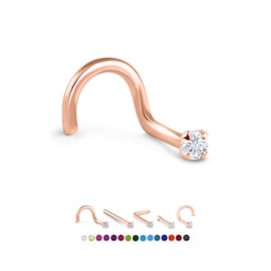 18KT Rose Gold Plated 925 Sterling Silver Nose Stud Ring 1mm, 1.5mm, 2mm, 2.5mm or 3mm Prong Set CZ. 22G. FREE Backing.
