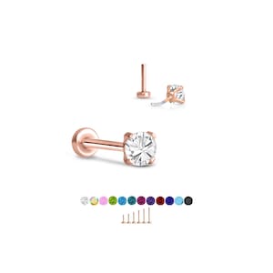 316 roestvrij staal, rosévergulde labret neusring Monroe Stud Threadless Push Pin 3mm CZ. 5 mm 6 mm 7 mm 8 mm 9 mm 10 mm palen. 20G 18G 16G