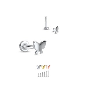 316L Surgical Steel, Yellow or Rose Gold Labret Style Nose Ring Stud Threadless Push Pin Post Butterfly 20G, 18G, 16G