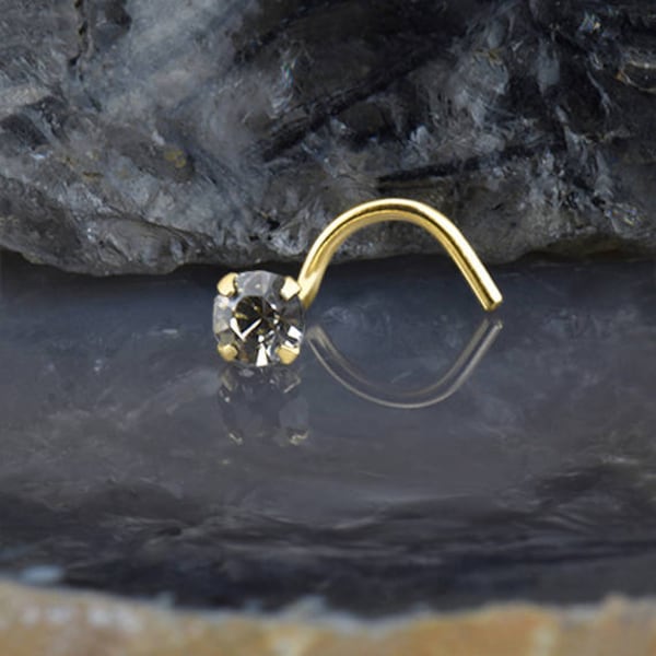 14K, 18K, 24K, White Gold, Rose Gold or Yellow Gold Nose Ring Screw Stud Bone L Bend 1.5mm, 2mm,2.5mm,3mm,3.5mm Black Diamond CZ 22G 20G 18G