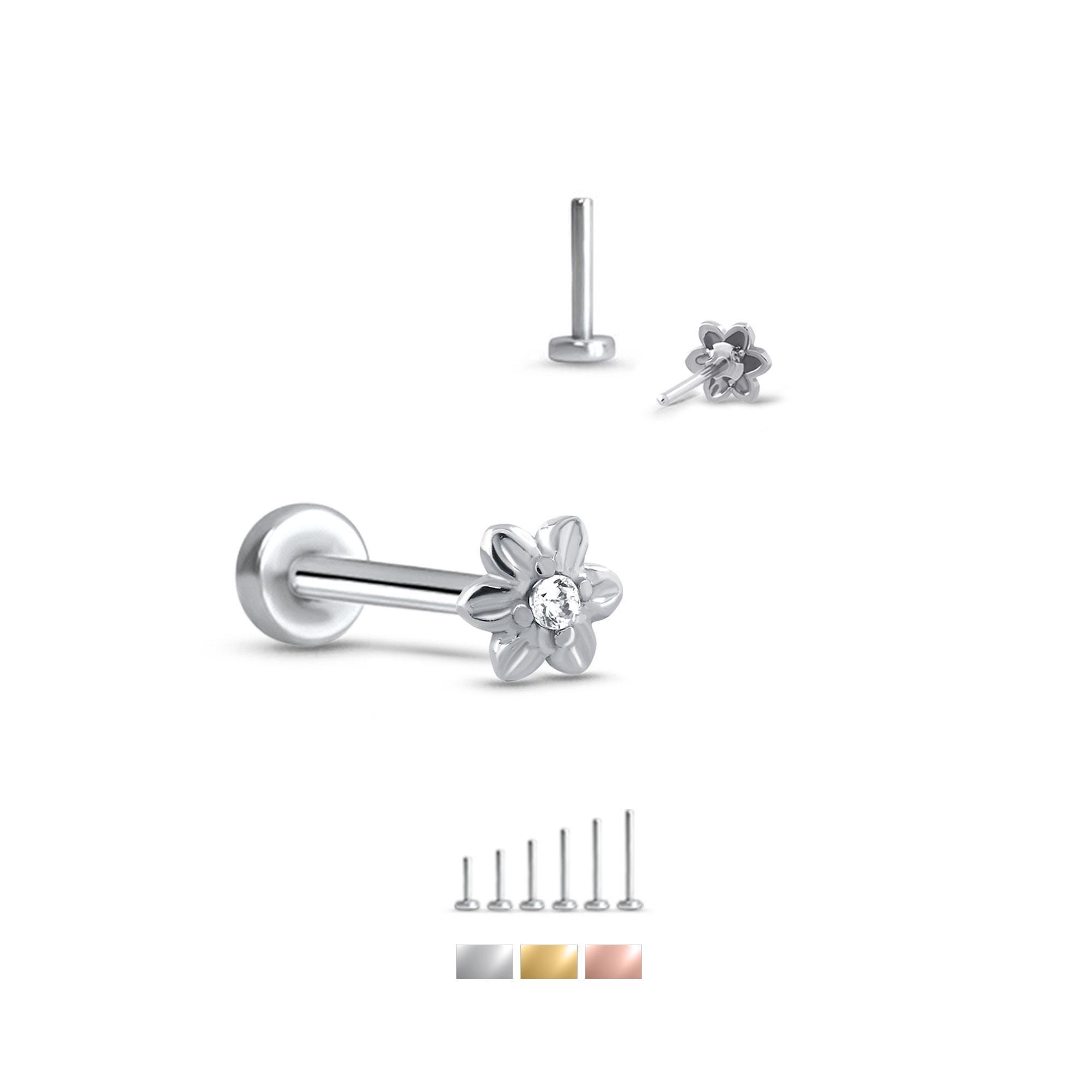 316L Surgical Steel, Yellow or Rose Gold Labret Style Nose Ring Stud Threadless Push Pin Post Flower 20G, 18G, 16G