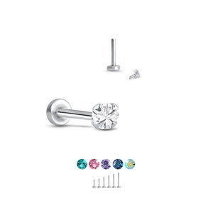 14KT White Gold 316L Surgical Steel Labret Style Nose Ring Monroe Stud Screw Post 2.5mm or 3mm Stone - Choose Your Size, Color & Gauge