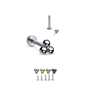 Titanium, Gold, Black, Labret Style Nose Ring Monroe Stud Threadless Push Pin Triple Ball 5/32" 3/16" 1/4" 5/16" 11/32" 3/8" 20G 18G 16G