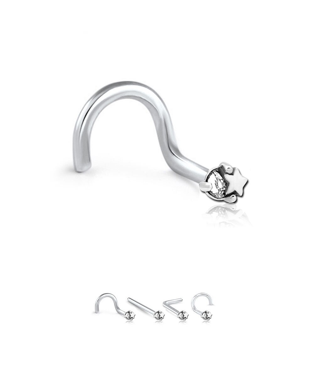 20G Surgical Steel Nose Ring – Heart Shaped CZ Paved L Bend Stud Screw Piercing (6mm)