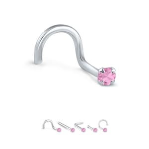 14K Rose Gold, Yellow Gold, White Gold Nose Ring Screw Stud Bone, L Bend. 1.5mm, 2mm, 2.5mm, 3mm, Genuine Pink Tourmaline 22G, 20G, 18G