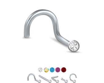 316L Surgical Steel Nose Ring, Stud, Screw or L Bend, 1.5mm Round Bezel. Choose Your Color Style and Gauge 18G, 20G, 22G. Backing Included.