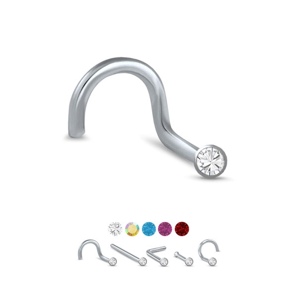 316L Surgical Steel Nose Ring, Stud, Screw or L Bend, 1.5mm Round Bezel. Choose Your Color Style and Gauge 18G, 20G, 22G. Backing Included.