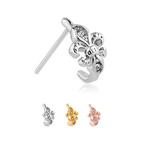 316L Surgical Steel, Gold or Rose Gold, Nose Hugger® Nose Ring Straight L Bend Screw Fleur De Lis. Choose Your Style, Color & Gauge