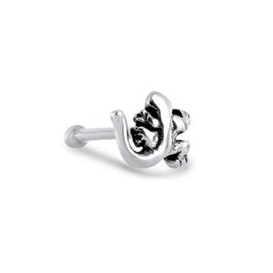May include: Silver nose ring with a detailed floral design.